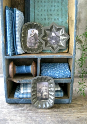 3 Tiny Antique Tin Molds with Old Photo Prints Girls - Image 1 of 4