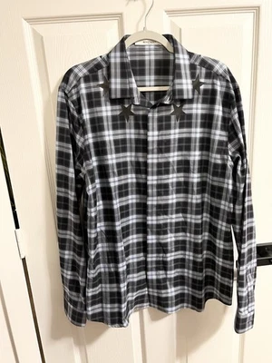 GIVENCHY Mens Size XL Embroidered Stars Button Up Long Sleeve Shirt Blue Plaid - Image 1 of 4