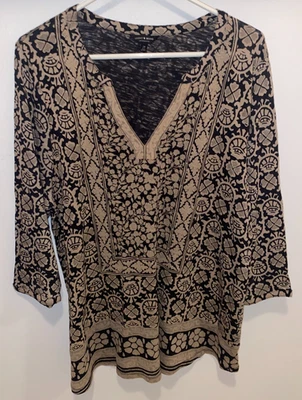 Blusa Mujer LUCKY BRAND 2x Negra Beige Floral Boho Cuello en V Manga 3/4 Foto 1 de 4