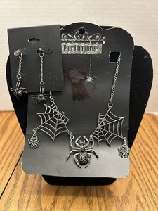 Pier 1 Imports Halloween Costume Spooky Spider Web 16" Necklace Earrings Black - Picture 1 of 9