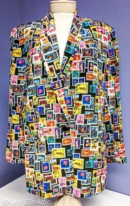 Awesome Vintage 80's Ladies Nordstrom Multi Color Stamp Print Silk Blazer Lg - Picture 1 of 8