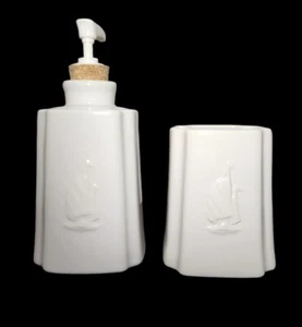 Nautica Toothbrush Holder and Soap Dispenser Bathroom Set White Sailboat Ceramic - Picture 1 of 9