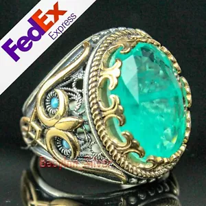 Turkish Handmade 925 Sterling Silver Green Tourmaline Stone Mens Ring All Sizes - Picture 1 of 6