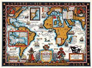 The Map of Famous Pirates Buccaneers and Freebooters 1938 A1 Quality Art Print - Picture 1 of 1