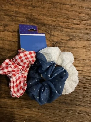 3 pack  Hair Accessory, Red Plaid,White & Blue With Stars Scrunchies - Image 1 of 2