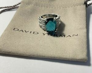 David Yurman 925 Silver Tides 11x16mm Blue Topaz & Diamond Ring Size 7.75