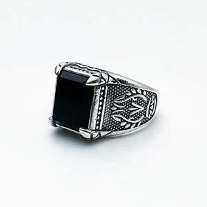 925 STERLING SILVER TURKISH RING MENS WOMENS RESIZABLE BLACK STONE #032 - Picture 1 of 7