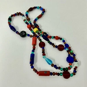 Art Glass Bead Necklace Bright Colors Statement Continuous Long Mixed Vintage - Picture 1 of 14