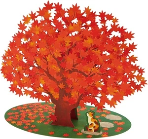 Greeting Card Autumn Leaves Tree & Cat w/envelope 3D Japan - Picture 1 of 4