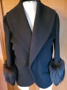 1940s THE House of Erdrich L Black 100% Virgin Wool Swing Jacket Faux Fur Trim - Picture 1 of 16