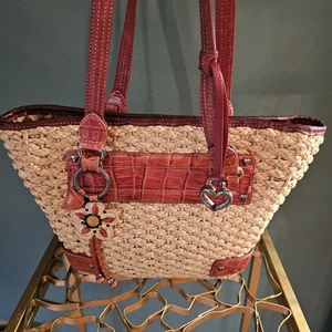 BRIGHTON Stroh Handtasche Handtasche Schultertasche mit roten Lederdetails Y2K BOHO - Bild 1 von 15