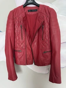 Zara Women's Red Leather Biker Jacket Size S - Picture 1 of 14