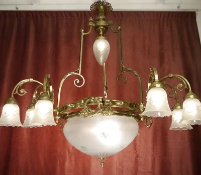 CANDELABROS GRANDES ANTIGUOS 11 LÁMPARAS ARAÑA LATÓN VIDRIO SATINADO 1900 Ø 44" Foto 1 de 4