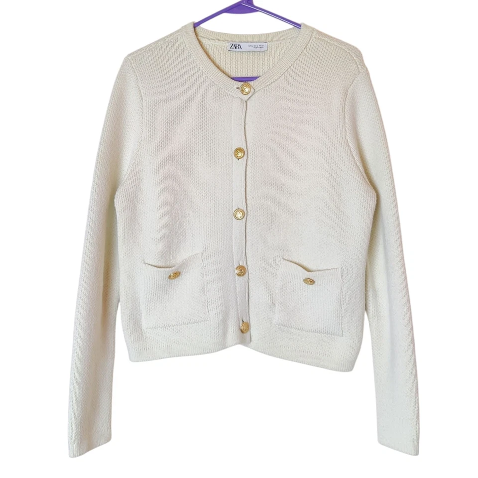 Zara Ivory Ecru Gold Button Knit Cardigan Sweater XL Wool Blend Preppy Old Money - Image 1 of 4