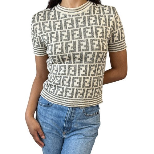 Maglione FENDI Vintage Zucca Monogram Manica Corta Maglia Cotone Grigio Panna