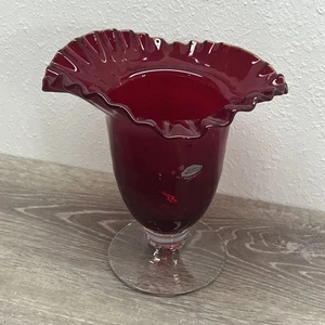 Blenko 8" Red Glass Rim Flared Ruffle Top Vase Pedestal Original Mark USA Exc. - Picture 1 of 6
