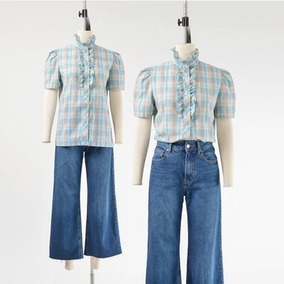 Blusa de Colección Años 80 A Cuadros Manga Abullonada Volantes Cuello Abotonada Camisa Occidental S Foto 1 de 4