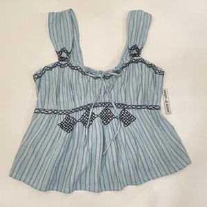 Free People Locked On You Smocked Baby doll Top Boho Blue Embroidery Size XL - Picture 1 of 9