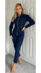 Damen-Overall Denim-Overalls Reißverschluss vorne mit Kragen All in einem Stück Größe 8-14 - Bild 1 von 4