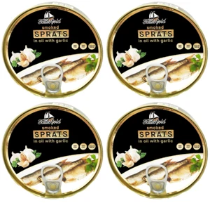 4 PACK - Smoked RIGA SPRATS with GARLIC in Oil 160g BALTIC GOLD Made in LATVIA - Imagen 1 de 2