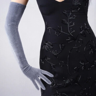 Ladies Velvet Gloves Wrist Stretch Long Evening Opera Party Black Retro New Grey - Image 1 of 4
