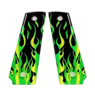 COLT, KIMBER, SPRINGFIELD, TAURUS PT 1911 Custom 1911 Full Size Diamond Polish Ergonomic Acrylic Grips Flames Green