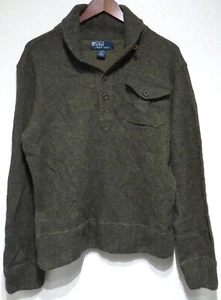 vtg Polo Ralph Lauren ARMY GREEN Wool Shawl Collar Sweater Men MED Leather Elbow - Picture 1 of 13