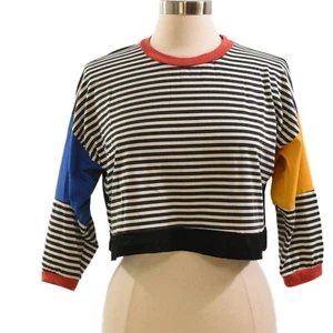 80s Vintage Striped Cropped Oversized Cotton Top Womens S Red Yellow Blue Artsy - Picture 1 of 4