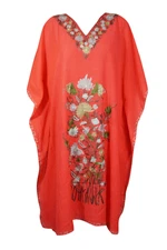 Women's Coral Red Short Dress fLORAL Embroidered Resort Wear Kaftan Dresses 2XL