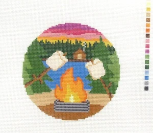SATURNALIA Camp Fire Smores Cabin Ornament Handpainted Needlepoint Canvas - Picture 1 of 1