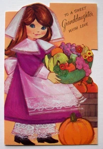 Pilgrim girl  harvest glitter unsigned vintage Thanksgiving  greeting card *XX11 - Picture 1 of 3