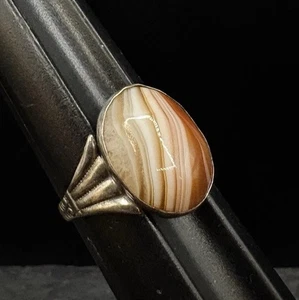 SZ 8.25 Vintage Sterling Silver Banded Agate 1950s Estate Ring 925 Signed - Picture 1 of 16