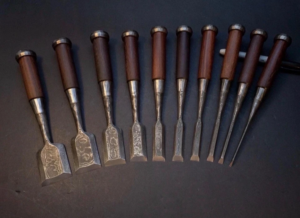 Christmas Gift Hand Forged Damascus Steel Chisel Set Japanese Rosewood 10-Piece - Image 1 of 4