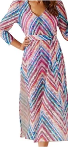STYLEST AQUALACE Women’s Rainbow Chevron StripeLace Puff Sleeve SwimDress Size M - Picture 1 of 17
