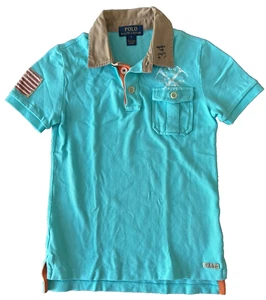 Polo Ralph Lauren Boys Size 7 Mesh Polo Shirt Flag Patch Contrast Collar Pocket - Picture 1 of 7