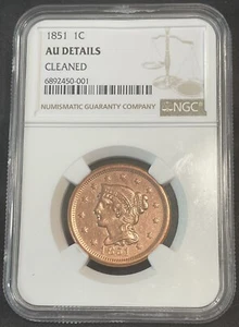 1851 BRAIDED HAIR LG. CENT NGC-AU Details Cleaned - Picture 1 of 6