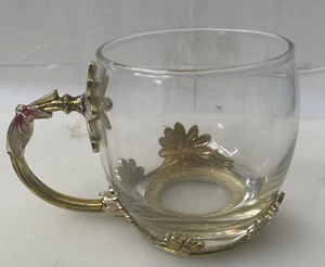 Pougine Glass Coffee Mug Tea Cup w/ Metal Base Handle Enamel Jeweled 3D Flowers - Picture 1 of 7