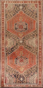 Vintage Red Geometric Ardebil Runner Rug 4'x10' Wool Hand-knotted Tribal Carpet - Picture 1 of 12