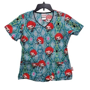 Marvel Women's Avenger's Black Widow Cute Kawaii 3-Pockt Scrub Top Size S - Picture 1 of 6