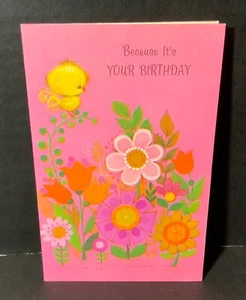 Tarjeta de cumpleaños American Greetings 1974 de colección SIN USAR rosa naranja flores amarillo pájaro - Imagen 1 de 5