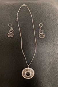 Used Black & Rhinestone 18" Silver Chain Necklace and Earrings - Picture 1 of 2