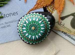 Smaller Hand Painted Alchemy HEART Chakra Stone with Green Mandala Star Design - Picture 1 of 4