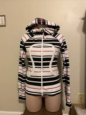 Chaqueta con Capucha Lululemon Para Mujer Buceo Yoga Cremallera Negra Blanca Rayas Talla 6 Defectos Foto 1 de 4