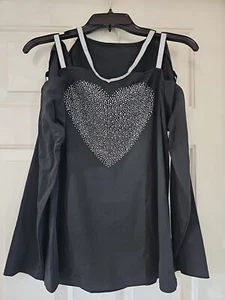 Beaded Heart Long Sleeve Shirt Silver Elastic Band Along Neck, Shoulder XL Black - Picture 1 of 2