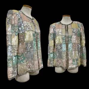 Vintage 1980s Laurence Kazar Sequin Beaded Pastel Floral Trophy Jacket - Picture 1 of 7