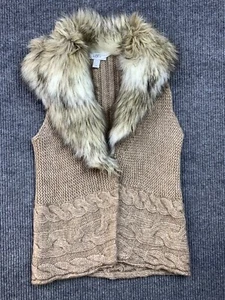 Loft Womens Faux Fur Collar Open Cable Knit Sweater Vest M Mob Wife Layers Cozy - Picture 1 of 12