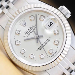 ROLEX LADIES DATEJUST 69174 SILVER DIAMOND DIAL 18K WHITE GOLD STEEL WATCH - Picture 1 of 9