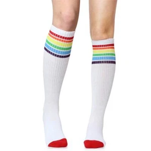 Premium Striped Adult Tube Socks Adult Large Shoe Size 9-12 White with Rainbo... - Picture 1 of 3