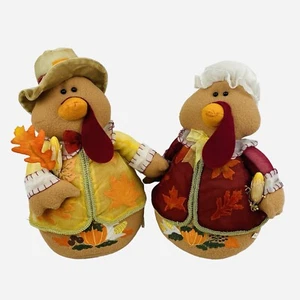 Thanksgiving Turkey Plush Pair Decor Girl & Boy Autumn Fall Pilgrim Set Leaves - Picture 1 of 24