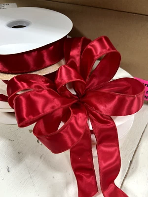 Red Satin WIRED ribbon (box of 6/50 yards each).  300 yards total   1 3/8" wide - Image 1 of 4